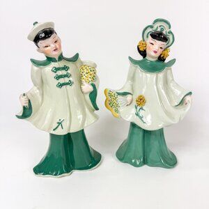 Florence Ceramics California Chinese Boy and Girl Green Ceramic Figurines